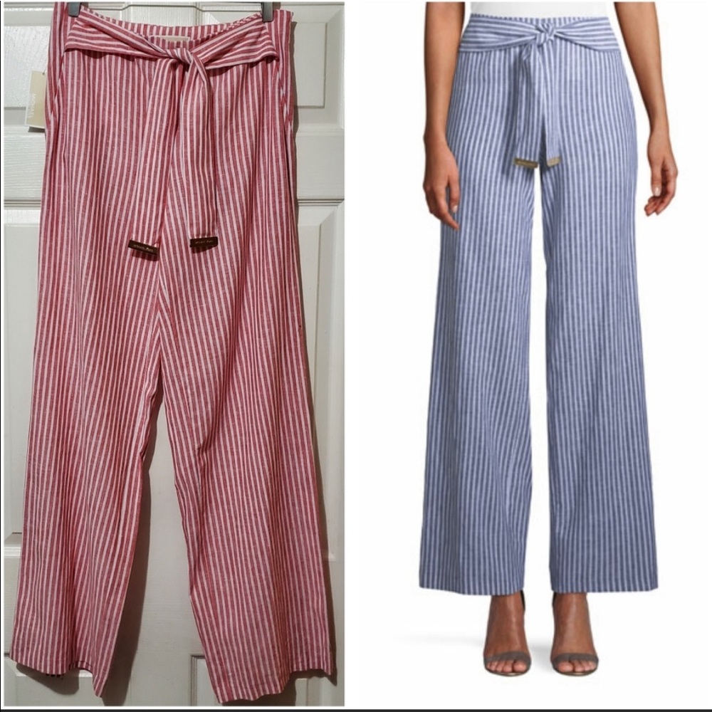 Michael Kors red stripe wide leg tie waist pant